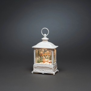 Weiße LED-Wasserlaterne mit fliegendem Weihnachtsmann über einem Dorf, nostalgische Weihnachtsdekoration für Innenräume.