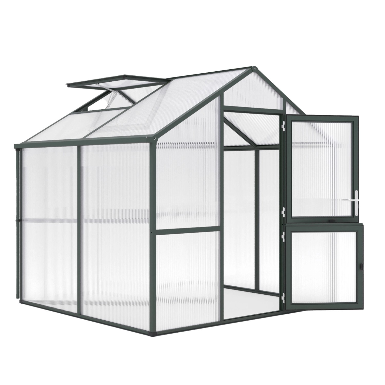 Tannengrünes KGT Gewächshaus Iris II mit geöffneter Tür und Dachfenster.