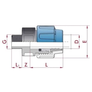 Technische Zeichnung der Cepex Pp-Pe Verschraubung Kupplung 32x3/4 AG blau mit Maßen. PPR-Fitting aus Polypropylen.