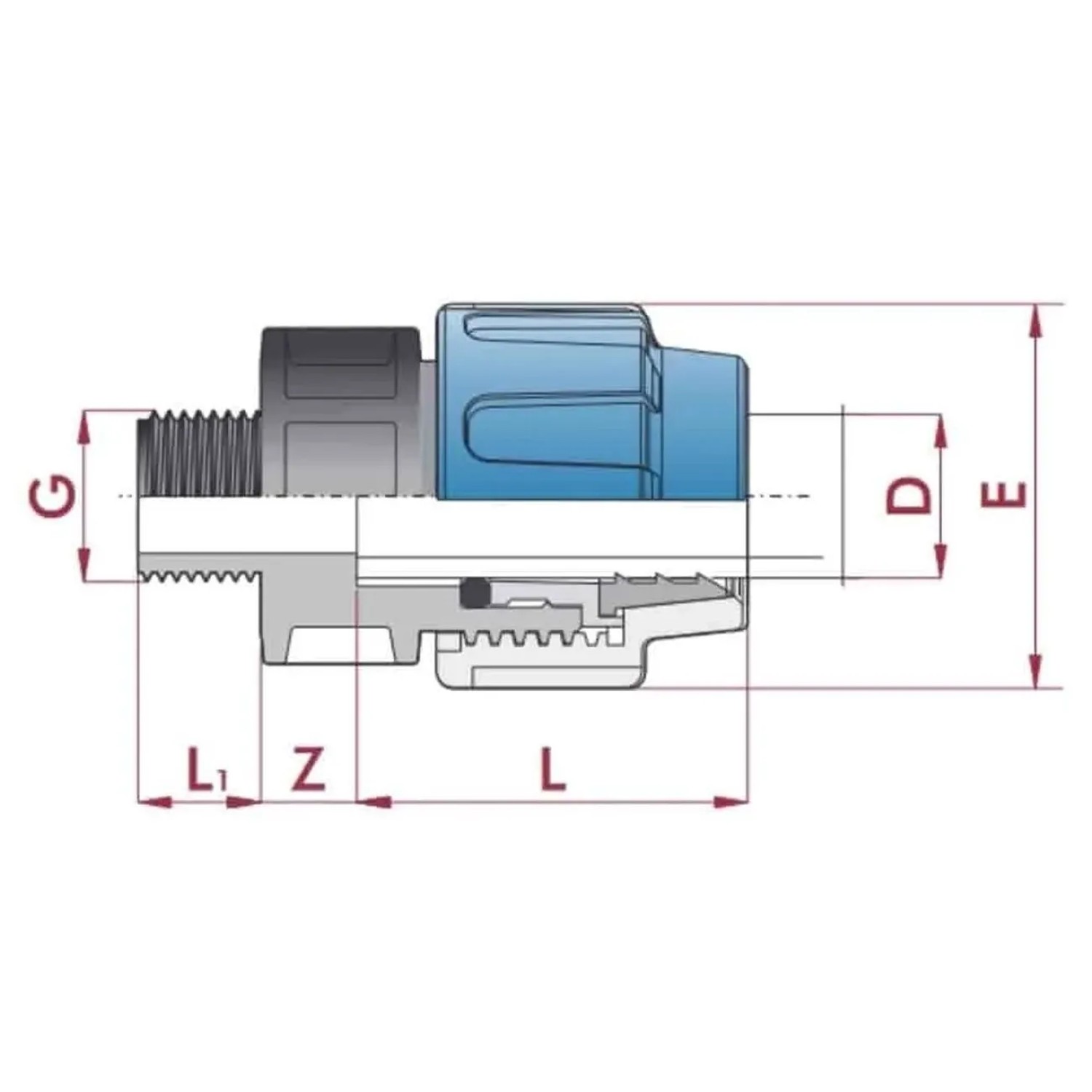 Technische Zeichnung der Cepex Pp-Pe Verschraubung Kupplung 32x3/4 AG blau mit Maßen. PPR-Fitting aus Polypropylen.