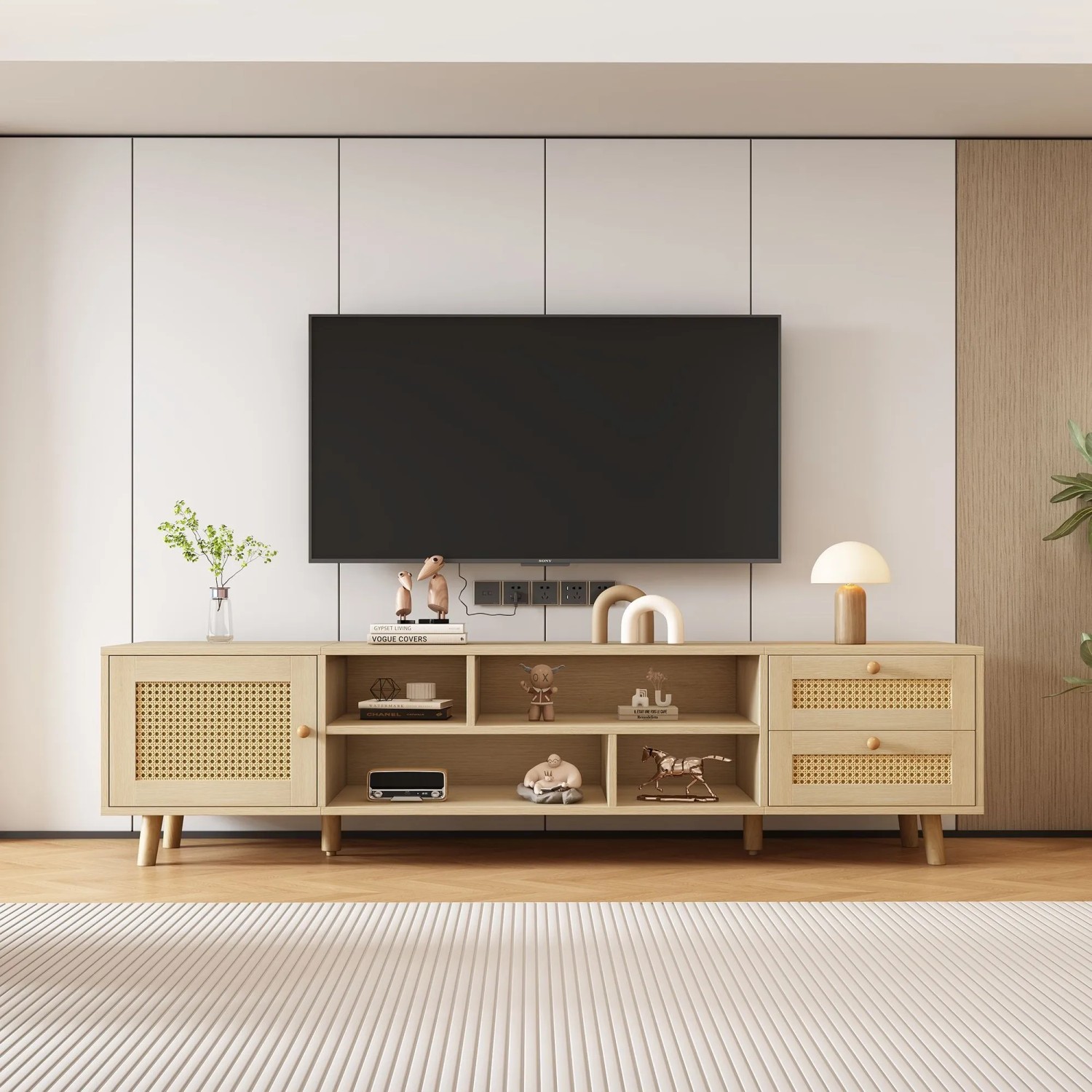 Merax TV Lowboard 160 cm Rattanoptik 2 Schubladen Kabelmanagement Holzoptik