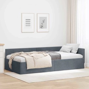 Dunkelgraues vidaXL Eckbettgestell (90x200 cm) mit Stoffbezug und Kopfteil im Schlafzimmer.