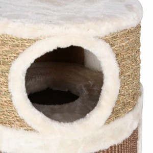 Detailansicht: Braune vidaXL Katzen-Kratztonne mit Seegras und Plüsch.