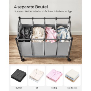 Grauer Songmics Wäschesammler mit 4 Fächern und Rollen zum Sortieren der Wäsche.