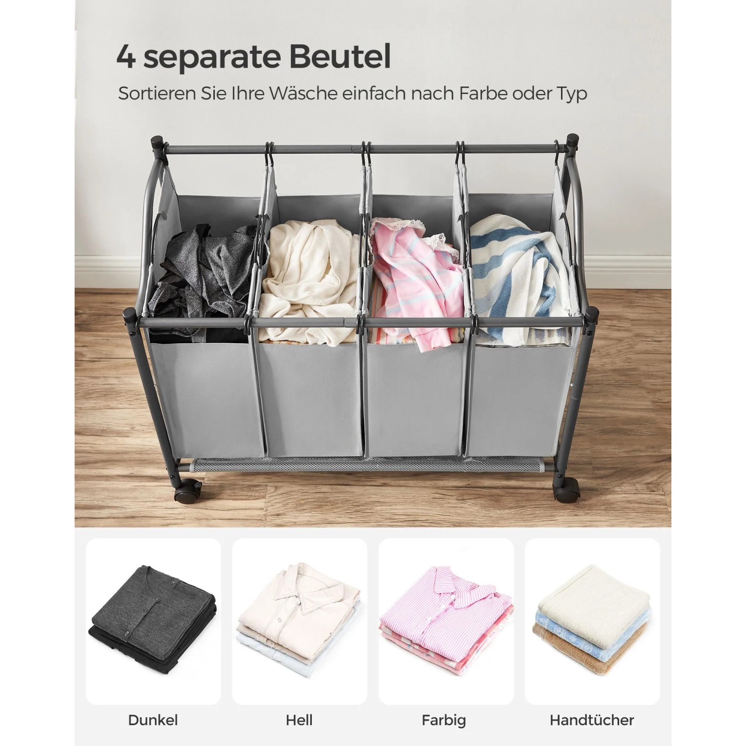Grauer Songmics Wäschesammler mit 4 Fächern und Rollen zum Sortieren der Wäsche.