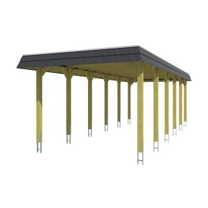 Skan Holz Walmdach-Einzelcarport Spreewald mit Aluminiumplatten und schwarzen Blenden.