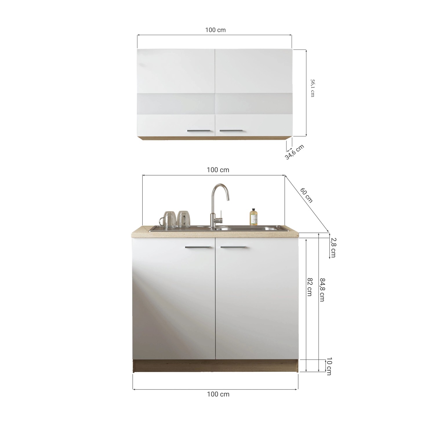 Respekta Küchenmöbel-Set Merle 100 cm Grau mit Spüle und Oberschränken, Maßangaben.