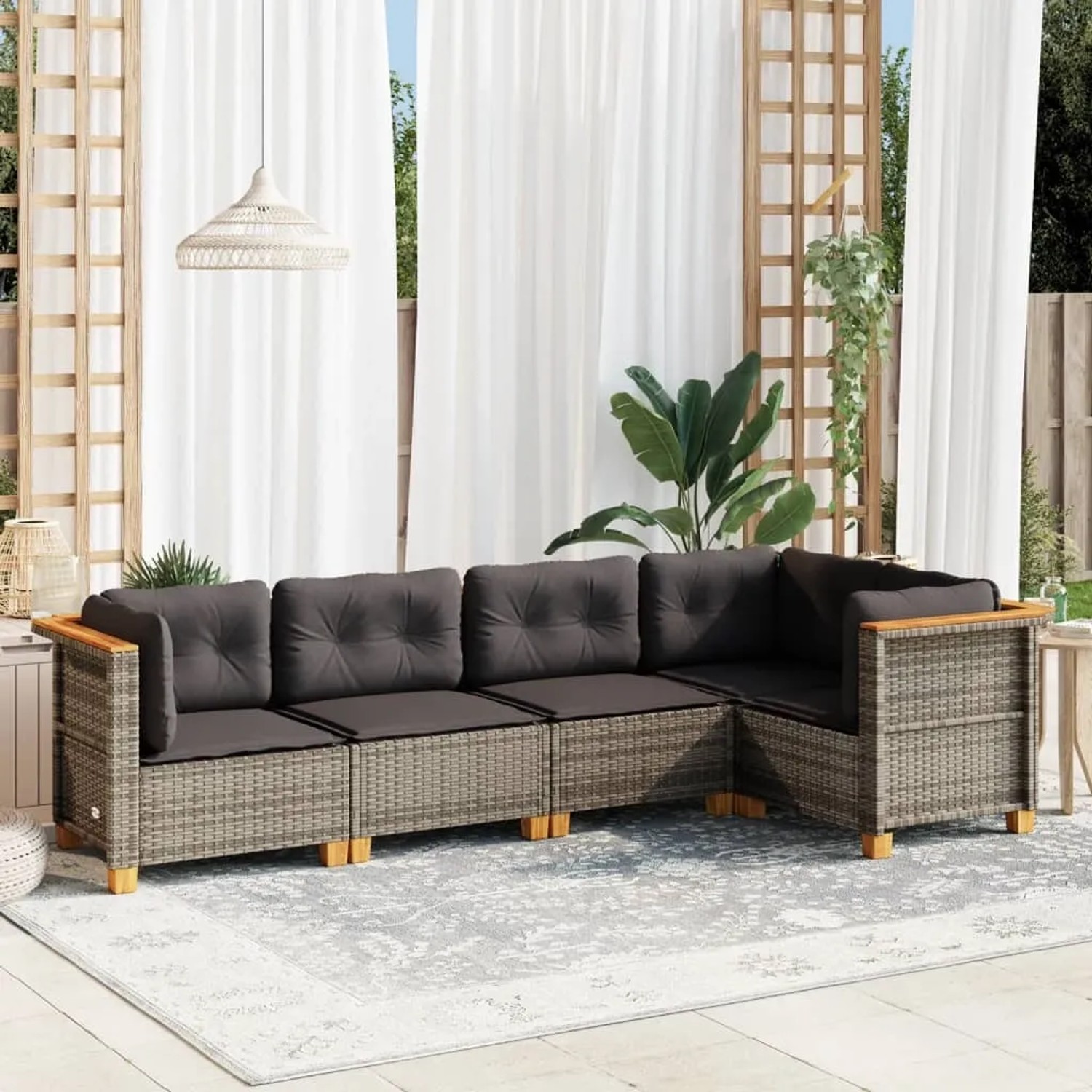Graue 5-tlg. vidaXL Garten-Sofagarnitur aus Polyrattan mit Kissen für Terrasse und Garten.