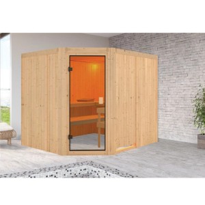 Karibu Innensauna Celine aus hellem Holz mit bronzierter Glastür, Bänken und warmer Beleuchtung, im modernen Wohnraum.