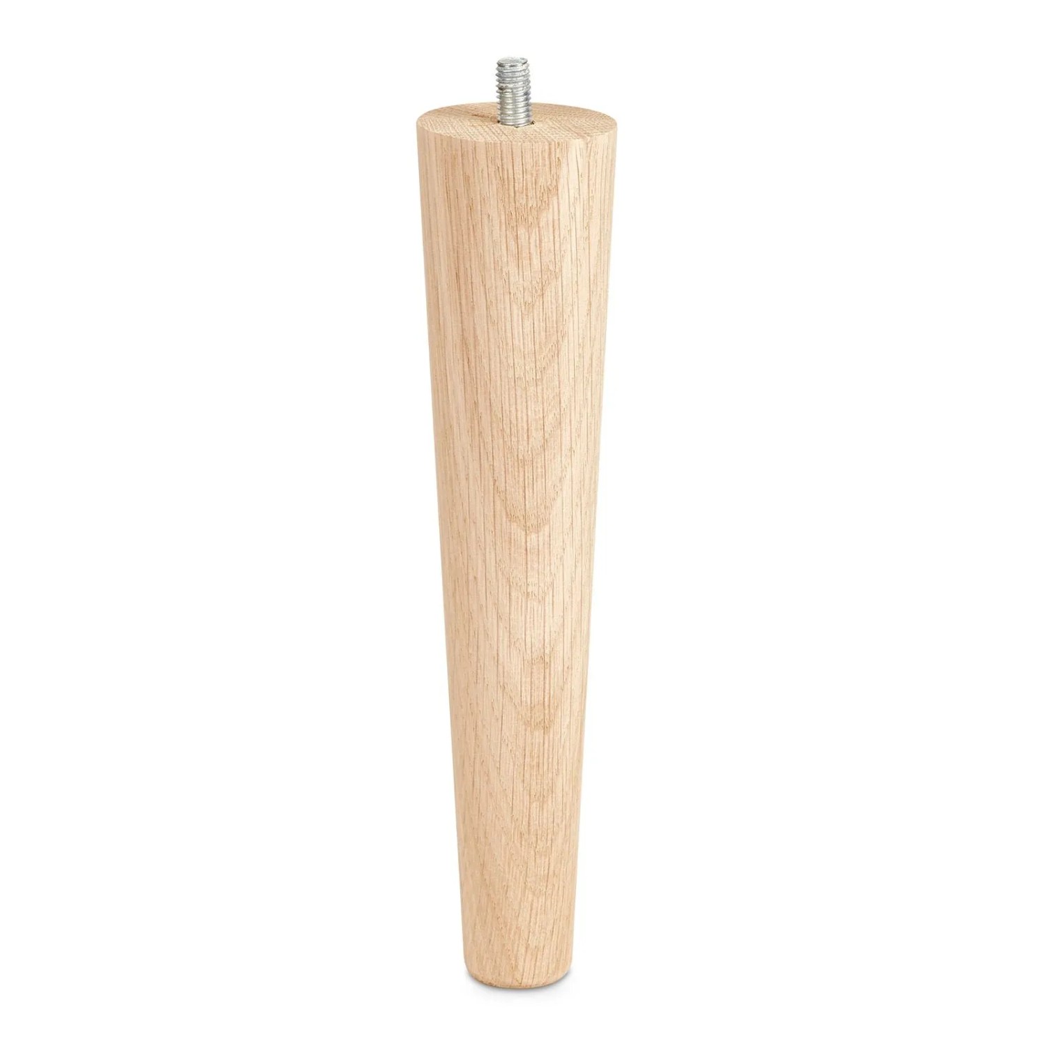 Konischer Möbelfuß aus massivem, unbehandeltem Eichenholz, mit M8 Stockschraube. Ideal für Schränke und Sofas.