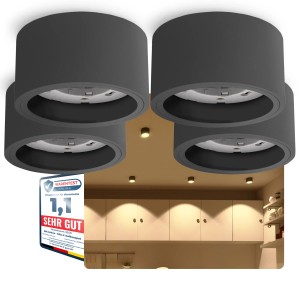 4er Set: Anthrazitfarbene LED Deckenaufbaustrahler CELI-X mit GX53 Fassung, flaches Design.