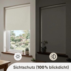 Beiges Sekey Seitenzugrollo zur Verdunkelung am Fenster, mit und ohne Lichteinfall.