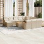 Beige 13-tlg. Garten-Sofagarnitur aus Poly Rattan mit Kissen und Tisch für Terrasse oder Garten.