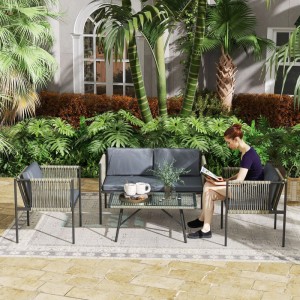 Graues Outsunny Rattan Gartenmöbel-Set: 2 Sessel, Sofa, Couchtisch mit Glasplatte. Ideal für Balkon & Garten.