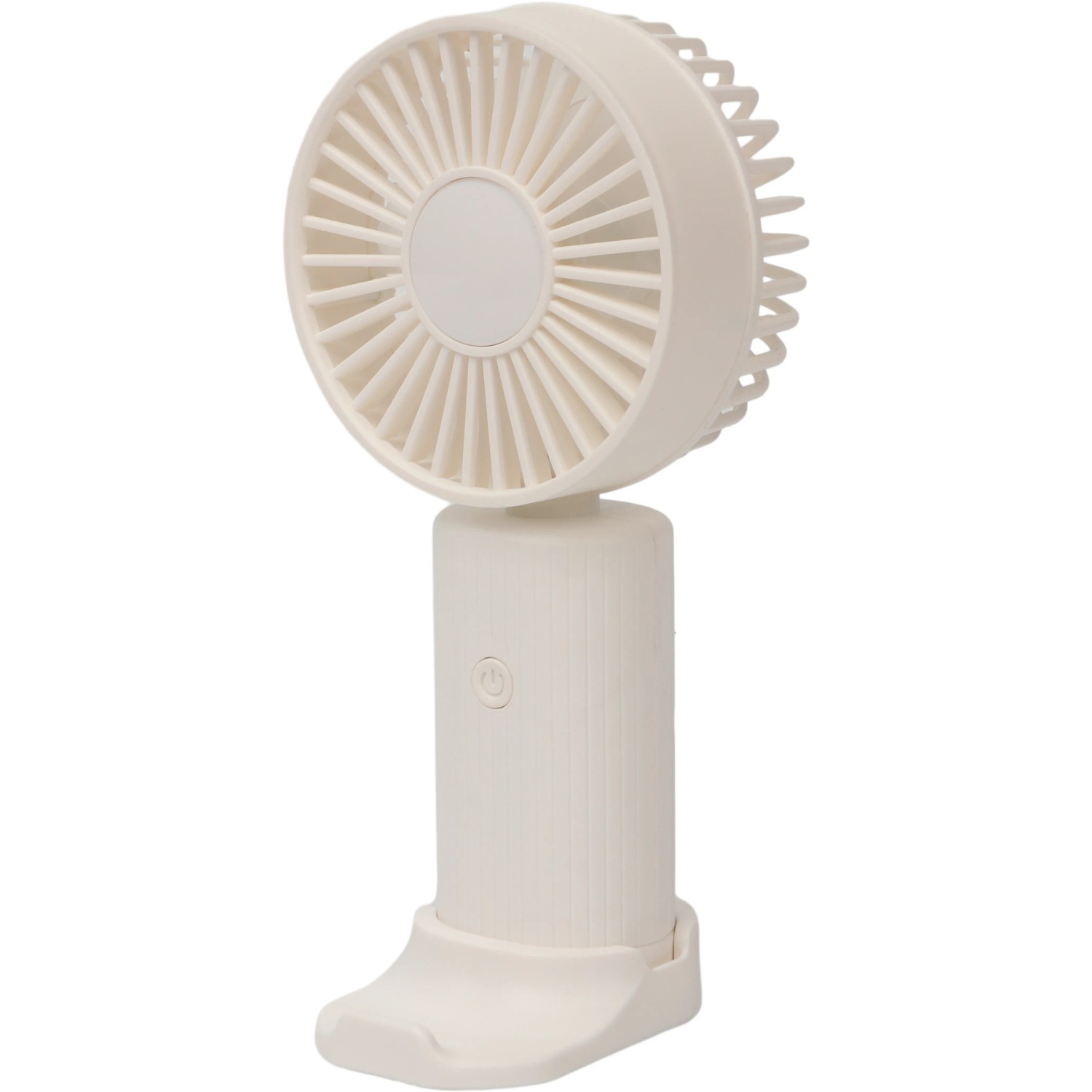 Weißer USB Handventilator mit Standfuß, ideal für Reisen und Büro.