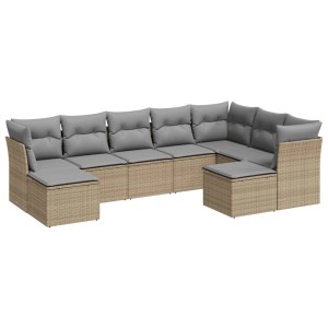 Beige 9-tlg. Garten-Sofagarnitur aus Polyrattan mit hellgrauen Kissen.