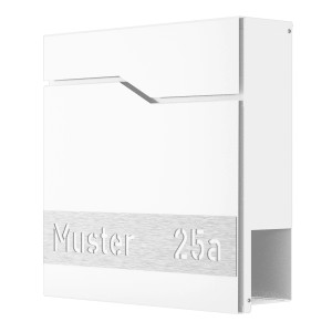 Weißer Heidemann DESIGNline BK2 Briefkasten mit personalisierbarer Edelstahlleiste und Zeitungsfach.