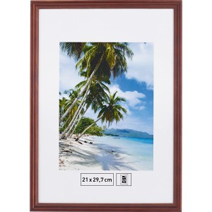 Holzbilderrahmen Mahagoni, gerillt, 21x29,7 cm, mit Foto einer tropischen Szene.