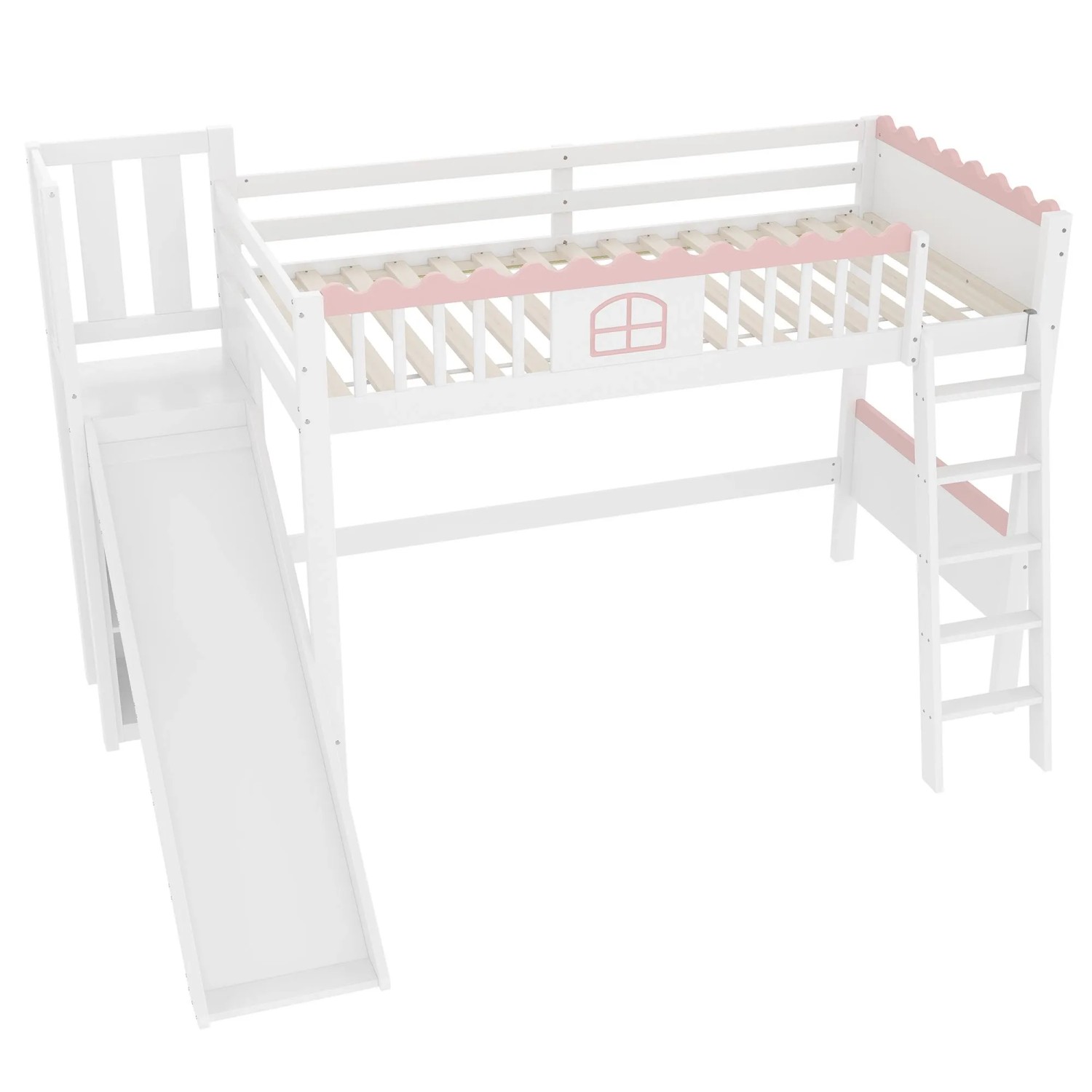 okwish Hochbett 90x200cm mit LED Beleuchtung und Rutsche Kinderzimmer Weiß ohne Matratze