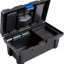 Offener, schwarzer LUX Werkzeugkoffer (41 cm) mit Organizer im Deckel und herausnehmbarem Träger.