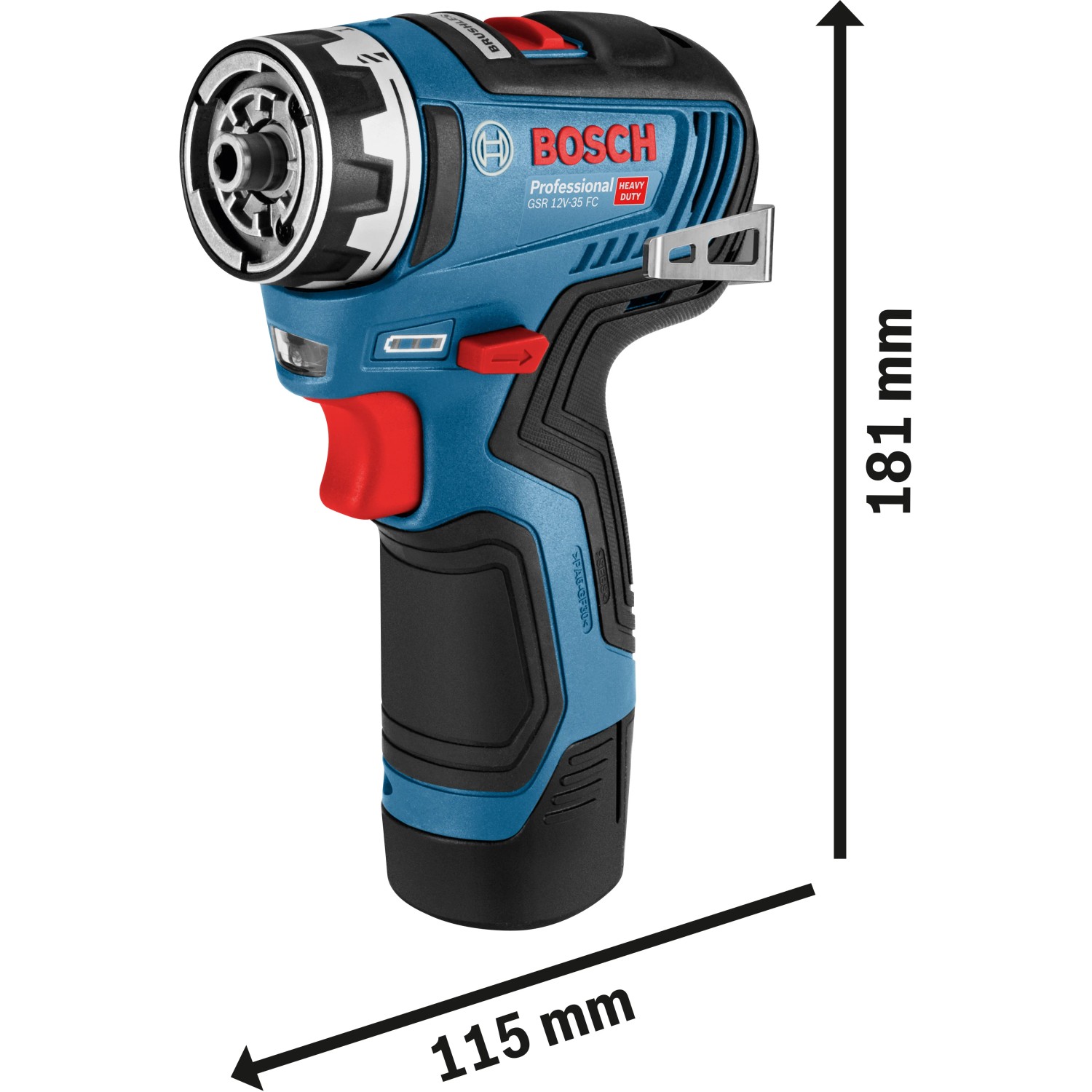 Bosch Professional GSR 12V-35 FC Akku-Bohrschrauber mit Abmessungsangaben.