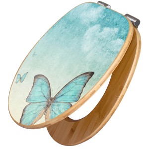 Banjado WC-Sitz aus Bambus mit blauem Schmetterlingsmotiv und Absenkautomatik.
