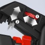 Detailaufnahme der KNIPEX ComStrip Abisolierzange: Einstellrad (1) und Abisoliermesser (2) im Fokus.