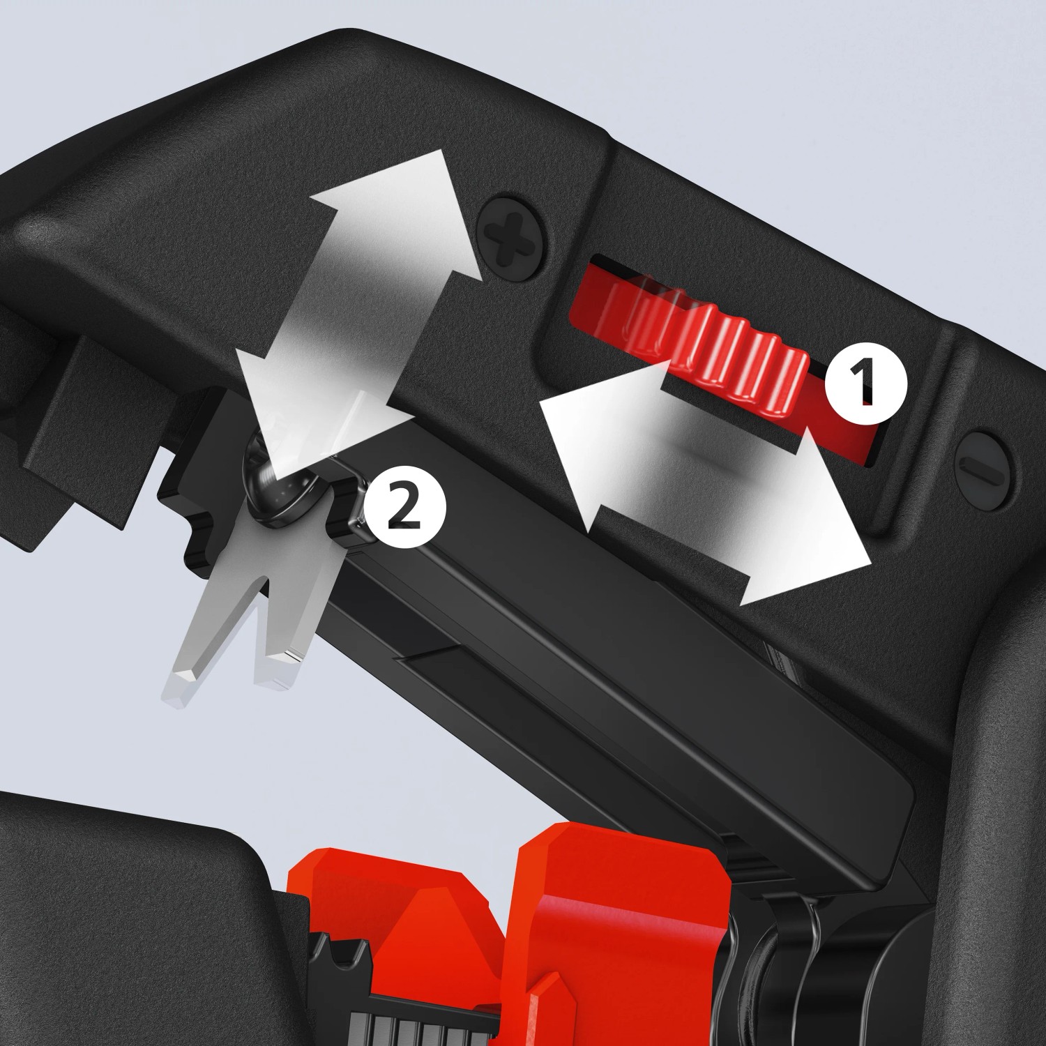 Detailaufnahme der KNIPEX ComStrip Abisolierzange: Einstellrad (1) und Abisoliermesser (2) im Fokus.