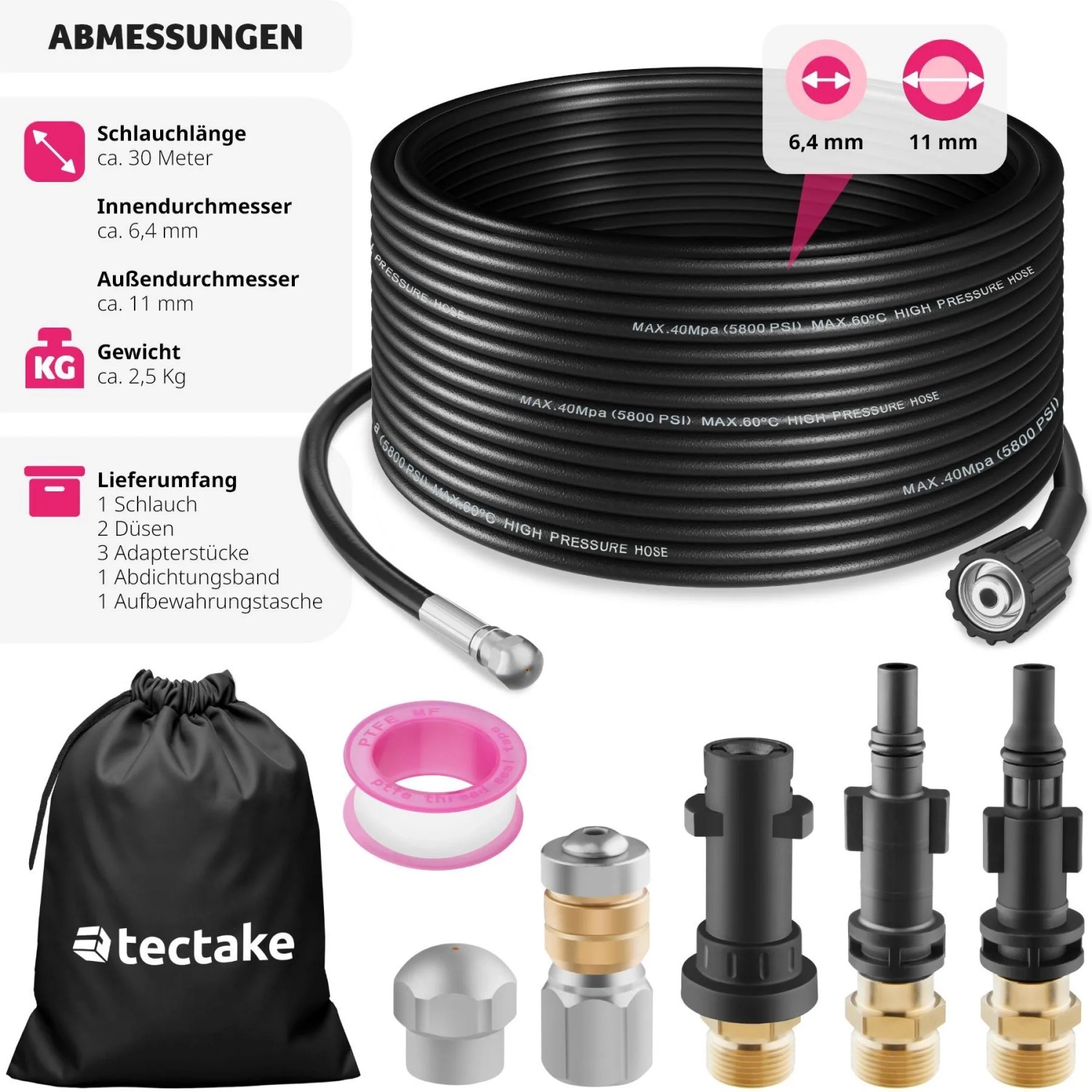 Tectake Rohrreinigungsschlauch Set, 8-teilig mit Schlauch, Düsen, Adaptern und Tasche.