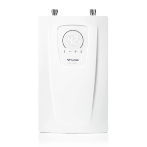 Weißer Clage Kompaktdurchlauferhitzer CEX-U 11/13,5 kW für die Untertischmontage.