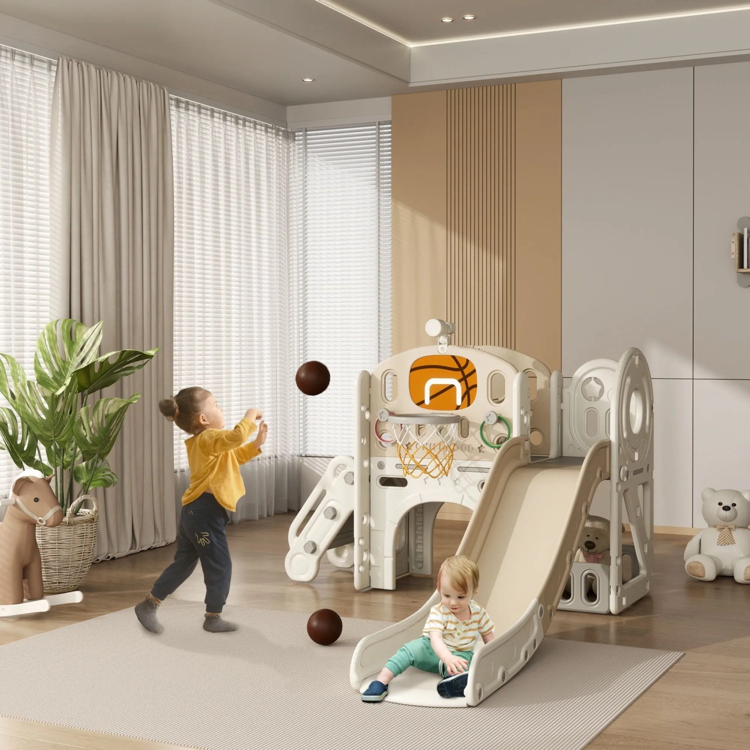 AIYAPLAY 7-in-1 Kinderrutsche aus cremeweißem Kunststoff mit Rutsche, Basketballkorb. Kinder spielen im Haus.