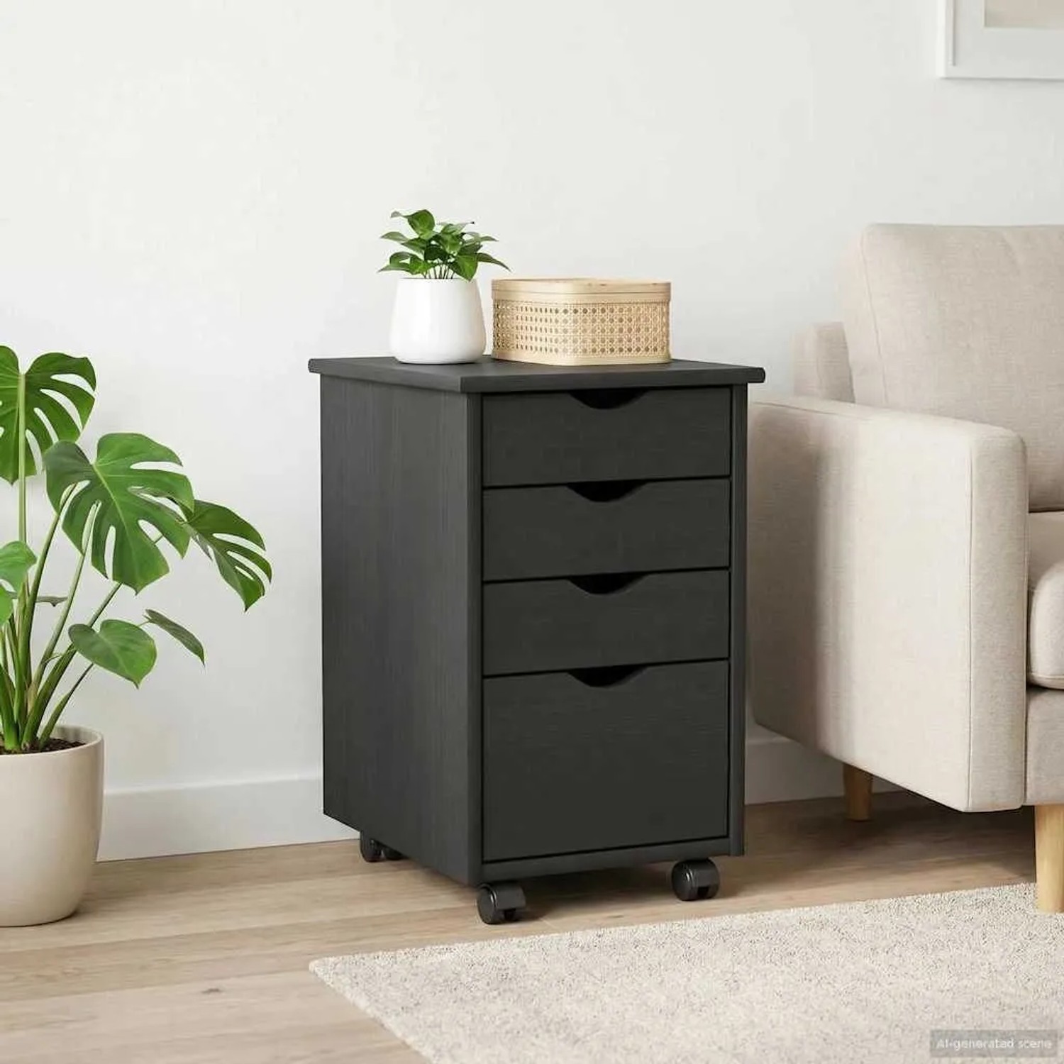 Grauer Rollschrank aus massivem Kiefernholz mit 4 Schubladen und Rollen. Steht in einem modernen Wohnzimmer.