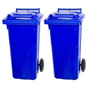 Zwei blaue 120-Liter-Mülltonnen aus HDPE-Kunststoff mit Rädern, PROREGAL SuperSparSet.