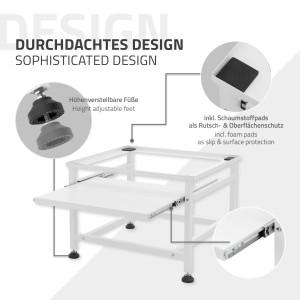 Weißes Waschmaschinen-Untergestell von ML-Design mit Auszug und höhenverstellbaren Füßen.