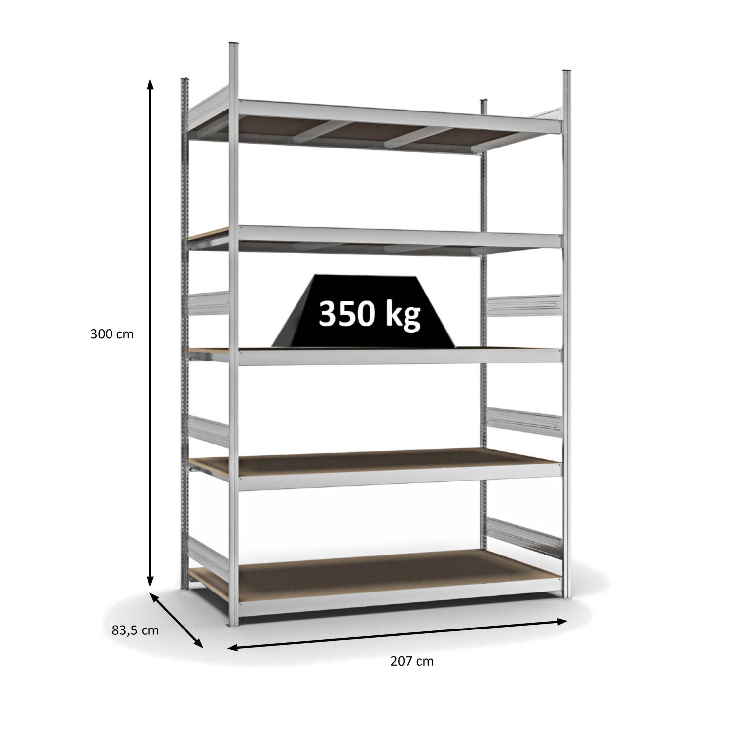 Verzinktes PROREGAL Weitspannregal mit 5 Spanplatten-Ebenen, Fachlast 350 kg, 300x200x80 cm.