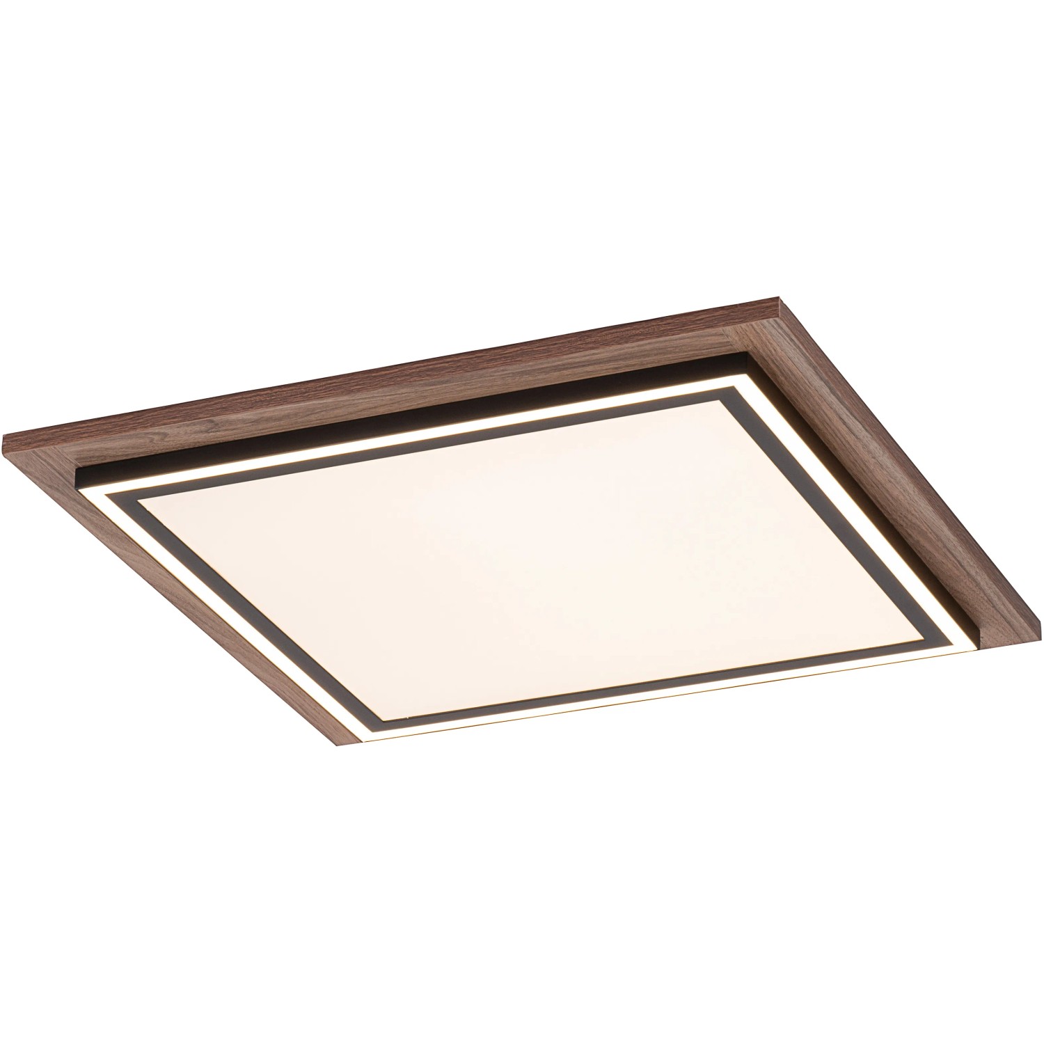 Quadratisches LED-Panel Palma mit Holzdekor, dimmbar und mit Fernbedienung.