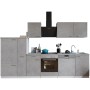 Respekta Küchenblock Malia 310 cm in Betonoptik mit E-Geräten und Edelstahlspüle.