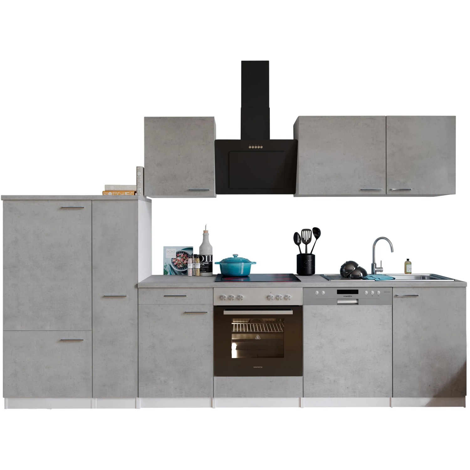 Respekta Küchenblock Malia 310 cm in Betonoptik mit E-Geräten und Edelstahlspüle.