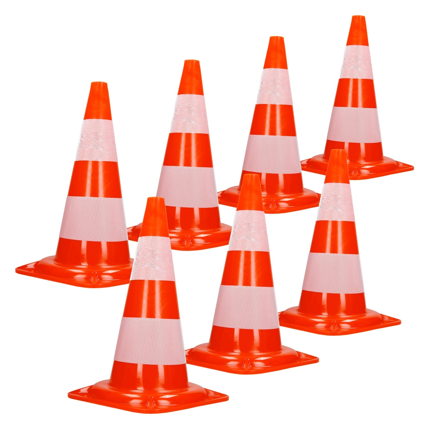 Set aus 7 orange-weißen Verkehrskegeln (47cm) mit reflektierenden Streifen für Pannenhilfe.