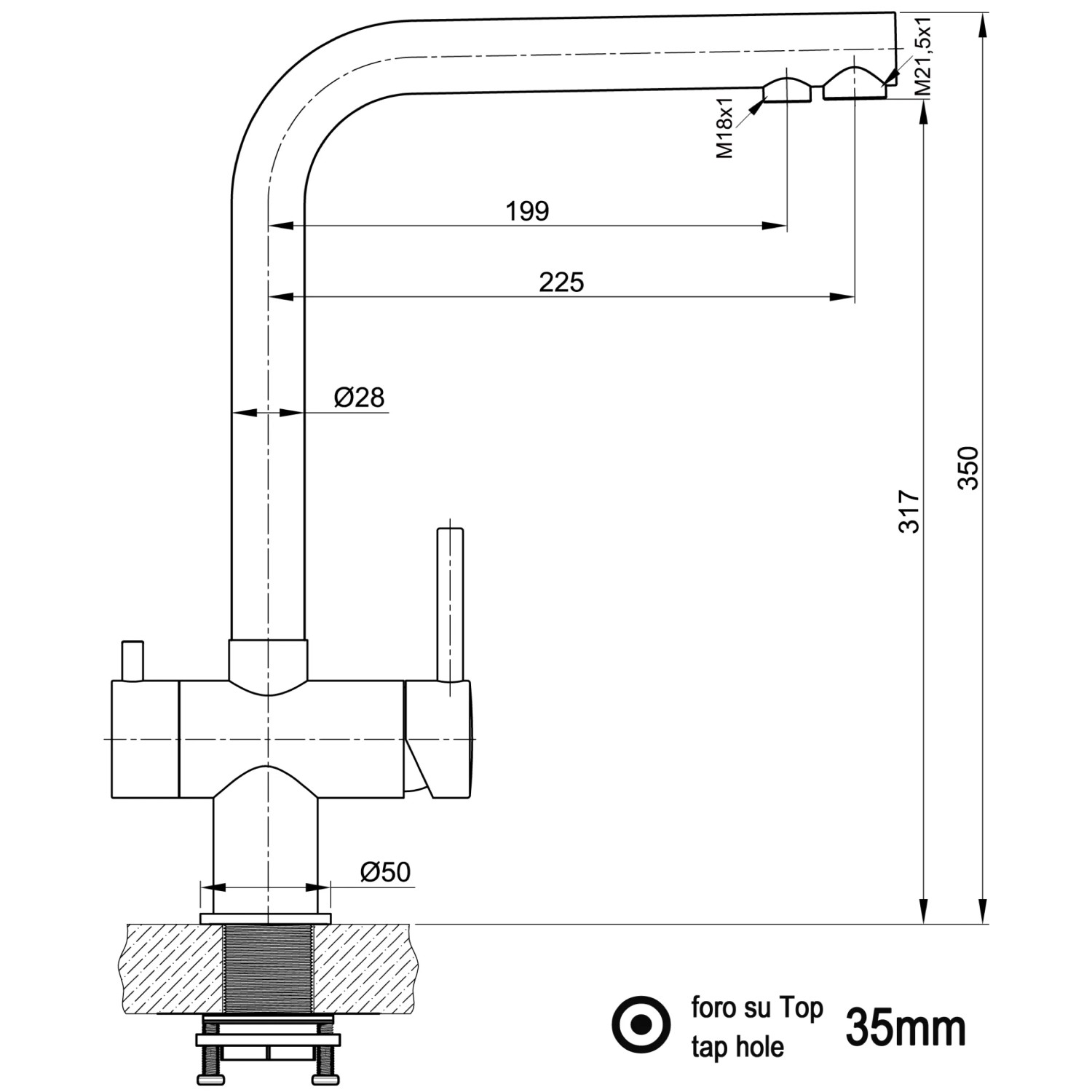 Technische Zeichnung VIZIO Niederdruck 3-Wege Küchenarmatur, Edelstahl, Maße und Details.