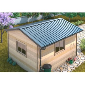 Anthrazitfarbene Metall-Dachrinne mit Sarei Enddeckel für SDF-Halbrundrinne Piccolo RG 80.