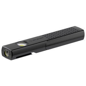 Schwarze Ledlenser W4R Work Arbeitsleuchte mit Clip und strukturierter Oberfläche.