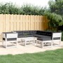 8-teiliges Garten-Lounge-Set aus weißem Kiefernholz mit anthrazitfarbenen Kissen im Garten.
