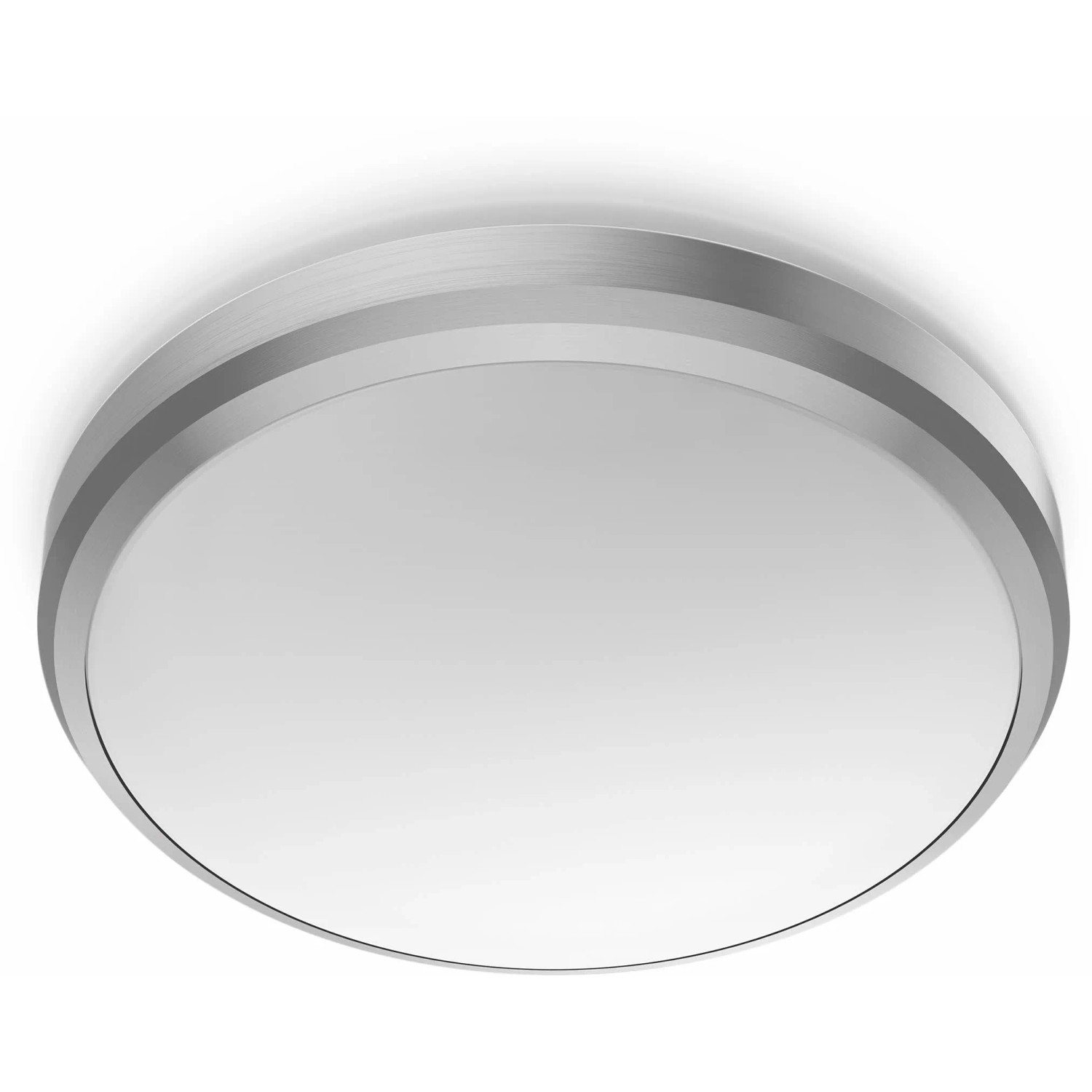 Moderne, runde Philips Doris LED-Deckenleuchte in Nickeloptik für den Außenbereich.