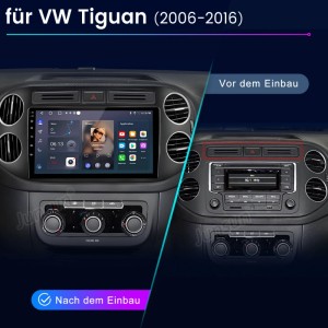 Junsun Autoradio für VW Tiguan (2006-2016) vor und nach dem Einbau. Modernes Touchscreen-Display im Armaturenbrett.