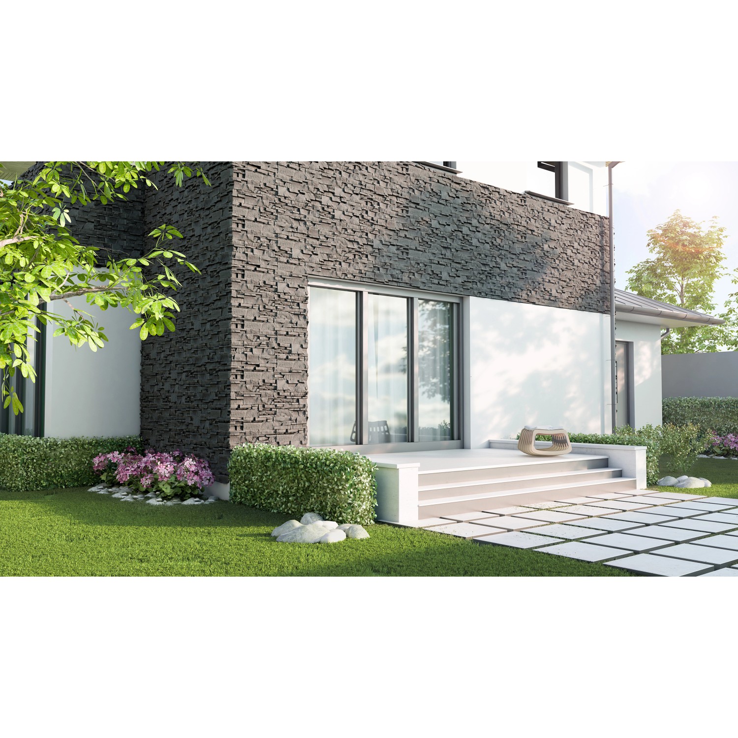 Hausfassade mit Stegu Verblender Madera Graphit. Dekorativer Stein für Innen- und Außenbereich.