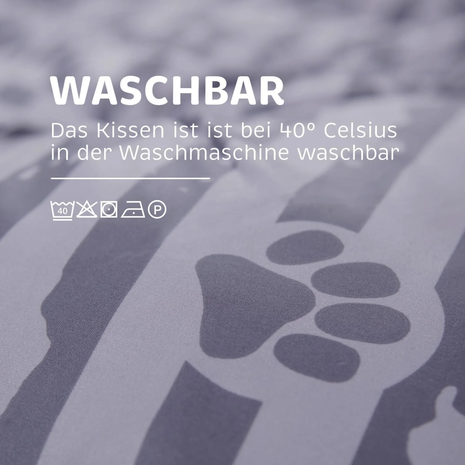 Detailaufnahme: Waschbares Hundekissen Anthrazit mit Pfotenmuster, maschinenwaschbar bei 40°C.