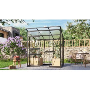 Vitavia Gewächshaus Palma 3250, schwarzer Rahmen, Glas und Hohlkammerplatten, mit Pflanzen im Garten.