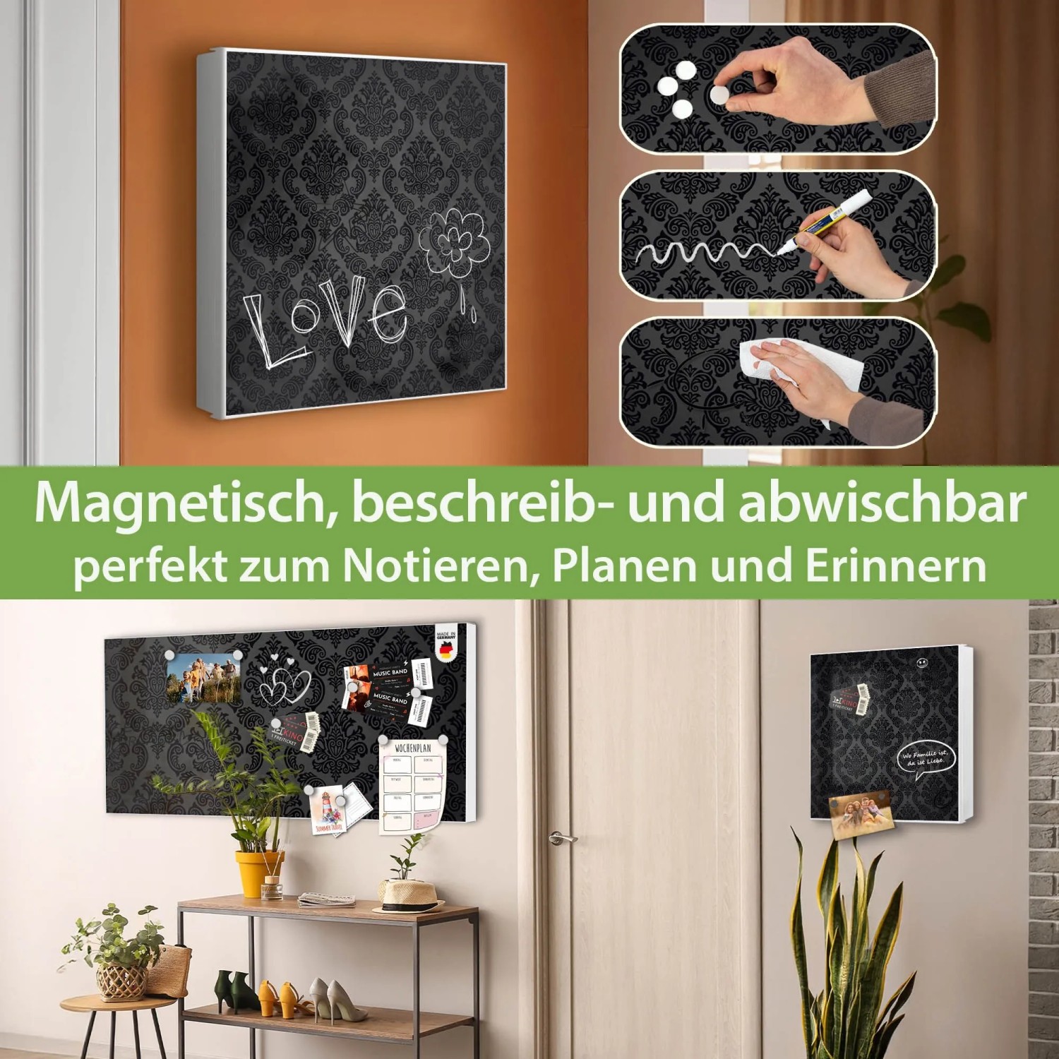 Banjado Großer Schlüsselkasten Metall 30x30cm Weiß Scharnier Links 50 Haken Beschreibbar Magnetisch Motiv Black Deluxe