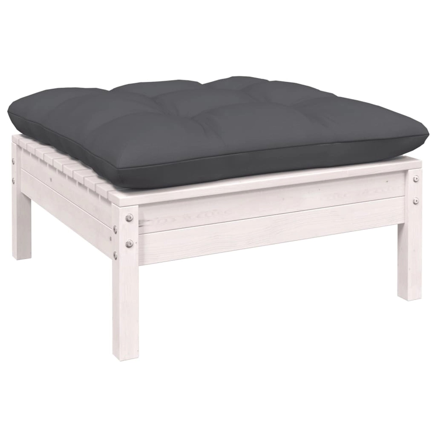 vidaXL Gartenmöbel Hocker, weißes Kiefernholz mit anthrazitfarbenem Kissen.
